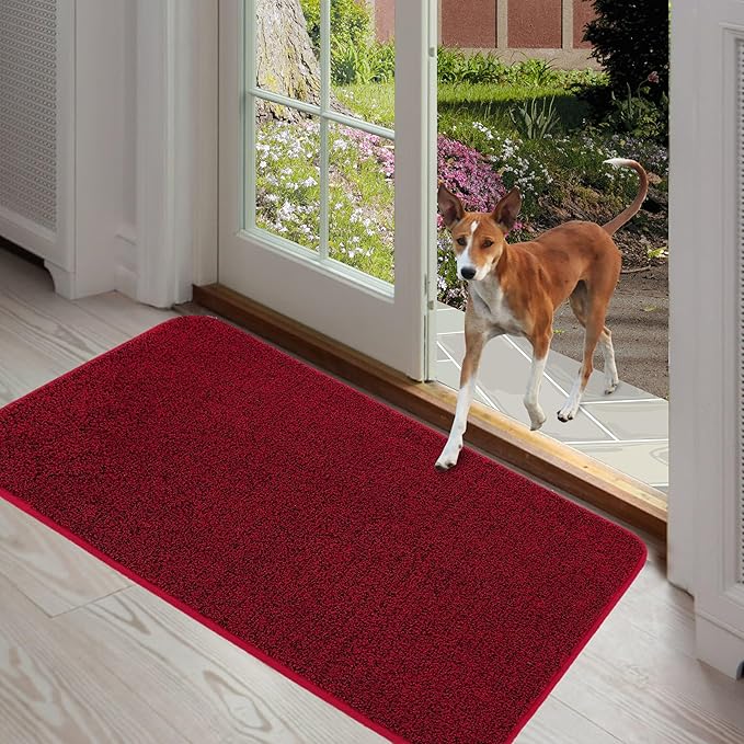 ITSOFT Dirt Trapper Indoor Door Mat & Entrance Rug for Wet Muddy Shoes and Pet Paws, Non-Slip Machine Washable, Shoe Scraper, Absorbent Welcome Dog Mat for Front Door, Entry Way (35x24, Red & Black)