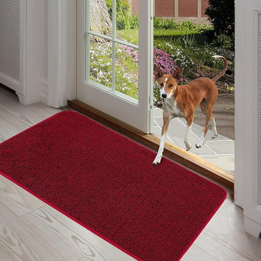 ITSOFT Dirt Trapper Indoor Door Mat & Entrance Rug for Wet Muddy Shoes and Pet Paws, Non-Slip Machine Washable, Shoe Scraper, Absorbent Welcome Dog Mat for Front Door, Entry Way (35x24, Red & Black)