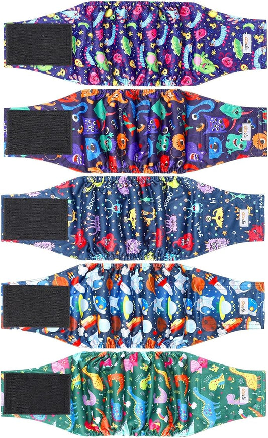 5 Pack Dog Diapers Male Reusable, Premium Belly Bands for Dogs, High Absorbing Male Dog Pee Wraps for Doggie in Incontinence or Excitable Urination and Training Cartoon L