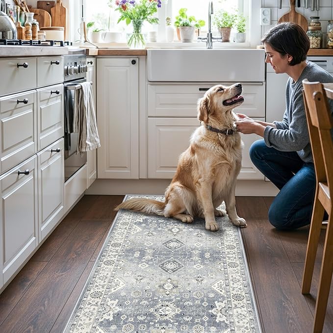 2x5 Washable Kitchen Area Rug: Oriental Stain Resistant Sink Stove Rug Farmhouse Soft Low-Pile Carpet for Entryway Bathroom Thin Laundry Room Living Room Floor Mat with Non Slip Backing (2x5,Grey)