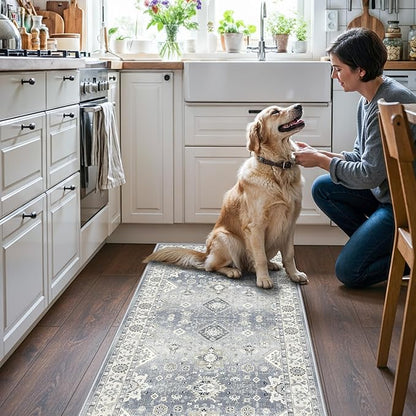 2x5 Washable Kitchen Area Rug: Oriental Stain Resistant Sink Stove Rug Farmhouse Soft Low-Pile Carpet for Entryway Bathroom Thin Laundry Room Living Room Floor Mat with Non Slip Backing (2x5,Grey)