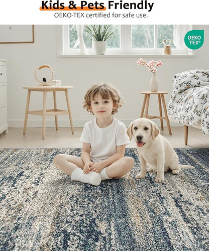 Art&Tuft Runner Rug 2'6x8' - Anti-Slip Backing Abstract Hallway Rug, Stain Resistant Kitchen Rugs, Foldable Machine Washable Area Rug(TPR19-Navy, 2'6x8')
