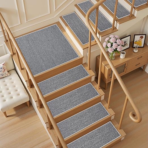 Non-Slip Stair Treads Runners - 30''x30'' Stair Runner for Wooden Steps Washable Self Adhesive Stair Landing Rug Stain Resistant Carpet Edging Staircase Mats for Kids and Dogs Grey