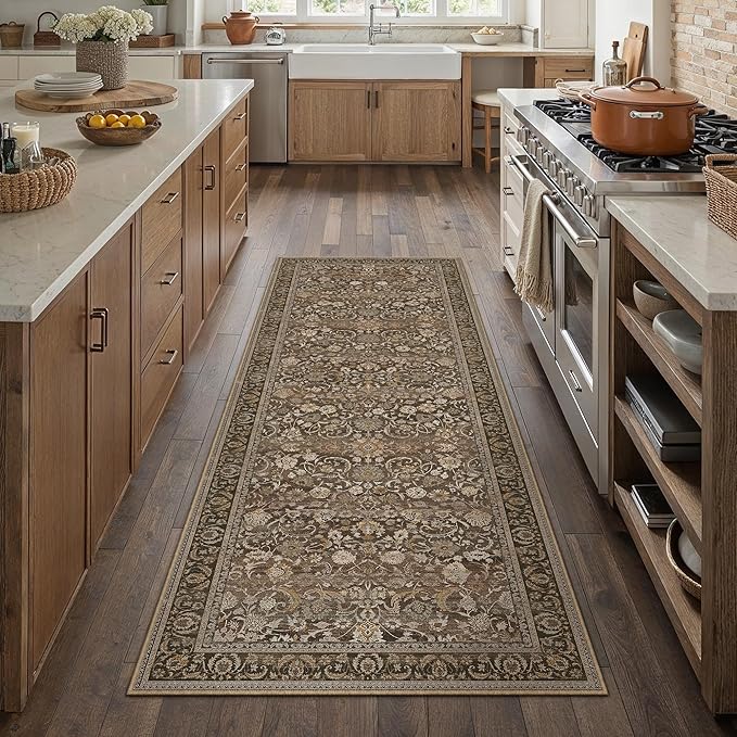 Brown Runner Rug 2x6 Washable Vintage Floral Long Carpet for Hallway Soft Low Pile Non Slip Indoor Accent Rug Retro Distressed Throw Rug for Bathroom Bedroom Laundry Dining Room
