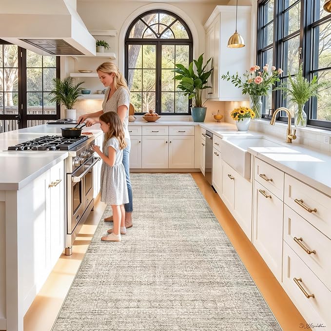 4x10 Neutral Kitchen Area Rug: Washable Soft Runner Rugs for Bedroom Living Room Water Resistant Hallway Bathroom Entryway Carpet with Non-Slip Backing Dining Room Nursery Floor Mat(4x10，Beige/Ivory)