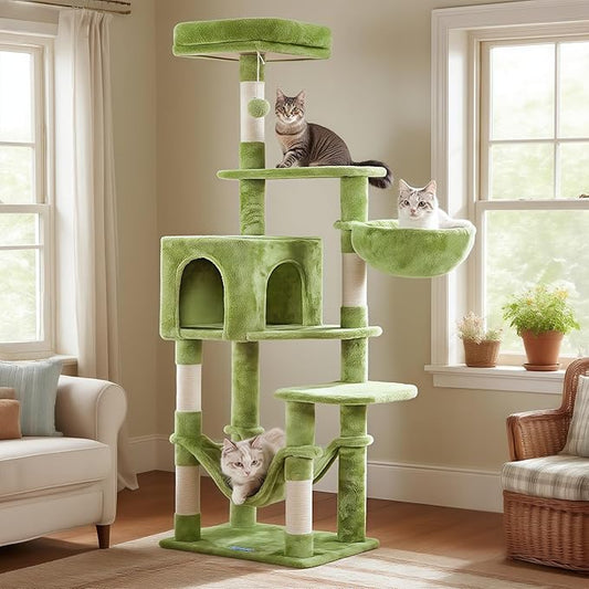 Hey-brother Cat Tree with Large Hammock, Multi-Level Cat Tower for Indoor Cats, Cat Condo with Sisal-Covered Scratching Posts and Top Perch, Green MPJ050GR