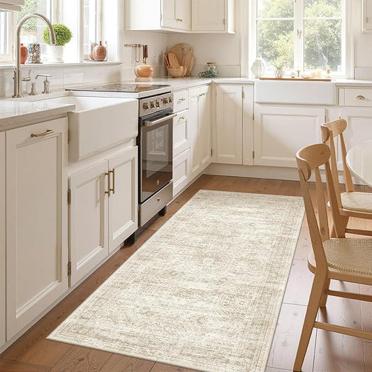 3x8 Runner Rug Non Slip Washable for Entryway, Vintage Hallway Runner for Front Porch, Laundry Room, Bedroom, Abstract Stain Resistant Thin Indoor Kitchen Mats for Floor(3'x8', Beige/Ivory)