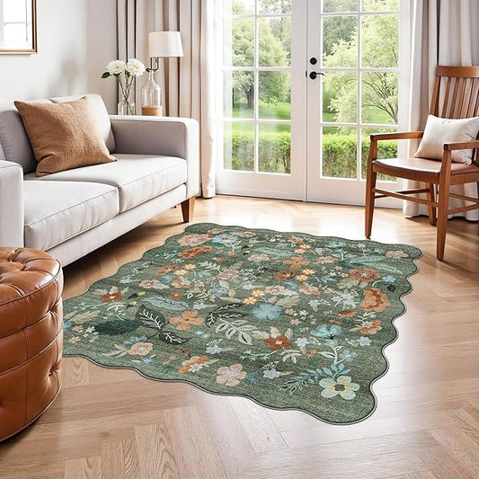 Floral Square Area Rug for Family: Washable 5x5 Scalloped Carpet for Living Room Bedroom Soft Water Resistant Floor Mat with Non Slip Backing for Kitchen Nursery Farmhouse Home Decor(5x5,Floral/Green)
