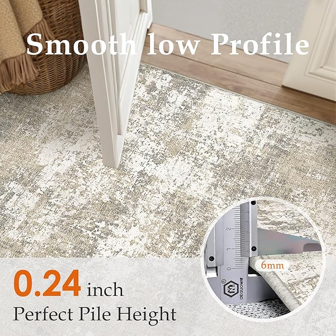 Runner Rug 2x6 Beige Machine Washable Modern Abstract Hallway Carpet Non Slip Neutral Long Carpet Low Pile Soft Non Shedding Contemporary Rug for Bathroom Laundry Kitchen Bedroom