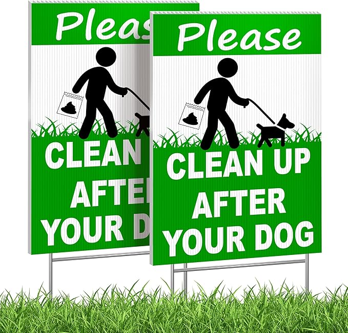 2-Pack Clean Up After Your Dog Signs, Double Sided 12x8 Coroplast Signs with H-Stakes, Outdoor Reminder for Yards, Apartments