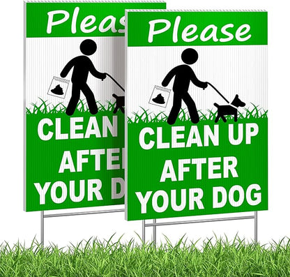 2-Pack Clean Up After Your Dog Signs, Double Sided 12x8 Coroplast Signs with H-Stakes, Outdoor Reminder for Yards, Apartments