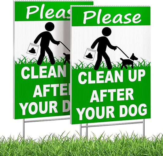 2-Pack Clean Up After Your Dog Signs, Double Sided 12x8 Coroplast Signs with H-Stakes, Outdoor Reminder for Yards, Apartments