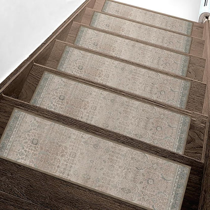 Carpet Stair Treads Non Slip 15PCS, 8" X 30" Edging Stair Runner for Wooden Steps Indoor, Resistant Stair Rug with Reusable TPE Adhesive Backing, Residue Free Mat for Elders, Pets, Cameo