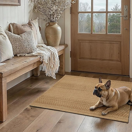 2x3 Textured Washable Entry Rug, Natural Woven Low-Profile Door Mat with Non-Slip TPR Backing, Light Brown, for Entryway, Kitchen, Laundry Room