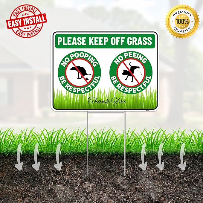 2PC No Poop or Pee Dog Sign with Stakes, 12 Inches by 9 Inches - Corrugated Plastic - Keep Dogs Off Lawn - Curb Your Dogs Grass Lawn Yard Repellent