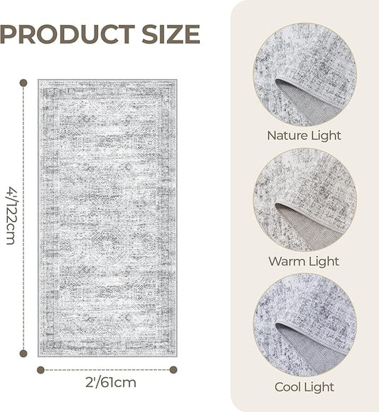 2x4 Washable Rug Runner for Bathroom, Soft Entryway Rug for Laundry Room, Kitchen, Vintage Abstract Hallway Runner for Bedroom, Anti-Slip Door Mat Indoor Entrance(2'x4', Grey/Ivory)