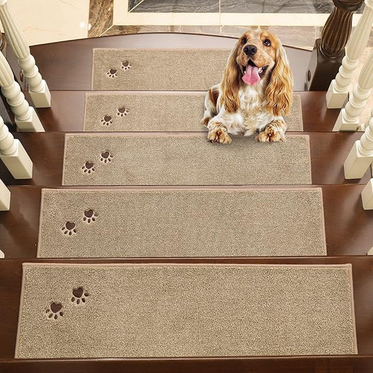 BEQHAUSE Stair Treads for Wooden Steps 28inX9in, Non Slip Carpet Stair Treads Indoor Stair Runners Machine Washable, Soft Stair Rugs Mat Surface Polyester TPE Backing, 4pcs, Beige