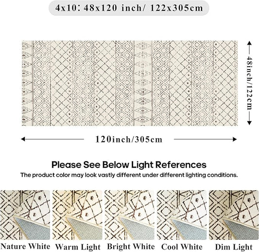 Washable 4x10 Runner Rug Hallway: Non Slip Moroccan Rugs - Modern Geometric Low Pile Soft Pets Friendly Runners - Indoor Thin Carpet for Kitchen Bedroom Entryway Laundry 4x10 Geo Beige