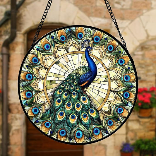 Stained Glass Window Hanging - Retro Peacock Decoration Suncatcher for Door Garden Home Bird Feather Sun Catchers Christmas Mother's Day Birthday Gifts for Women Men Mom Nana Friend 11.8 in