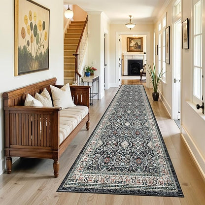 3x12 Washable Hallway Runner Rug: Oriental Long Ultra Soft Runners for Entryway Kitchen Thin Stain Resistant Low Pile 12ft Carpet for Living Room Bedroom Non Slip Bathroom Floor Mat(Black/Green,3x12)