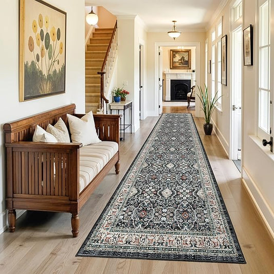 3x12 Washable Hallway Runner Rug: Oriental Long Ultra Soft Runners for Entryway Kitchen Thin Stain Resistant Low Pile 12ft Carpet for Living Room Bedroom Non Slip Bathroom Floor Mat(Black/Green,3x12)