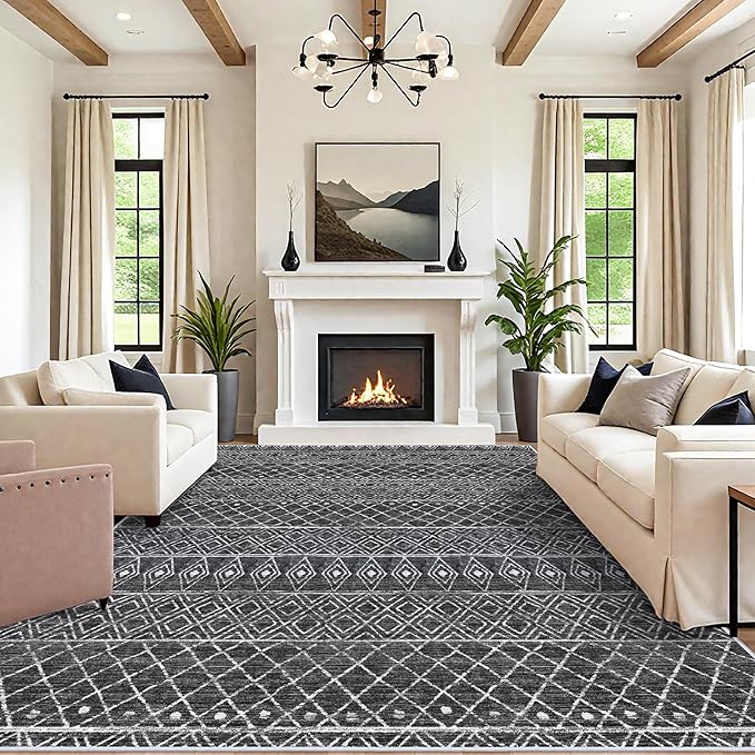 10 x 12 Area Rug - Modern Living Room Area Rugs Washable Moroccan Rugs Low Pile Non Slip Carpets Soft Indoor Thin for Bedroom Dining Room Office 10x12 Black