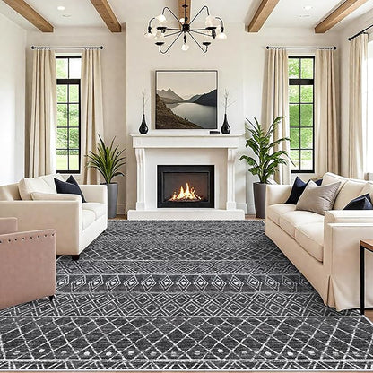 10 x 12 Area Rug - Modern Living Room Area Rugs Washable Moroccan Rugs Low Pile Non Slip Carpets Soft Indoor Thin for Bedroom Dining Room Office 10x12 Black