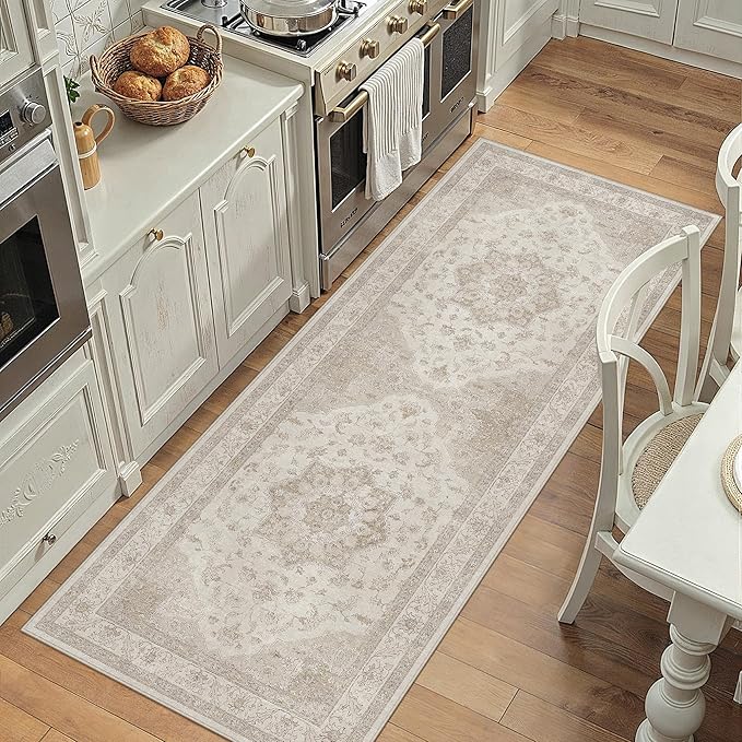 Beige Runner Rug 2x5 Washable Vintage Carpet Hallway Kitchen Soft Retro Low Pile Thin Indoor Bedroom Non Slip Oriental Medallion Long Throw Rug for Bathroom Laundry Dining Room