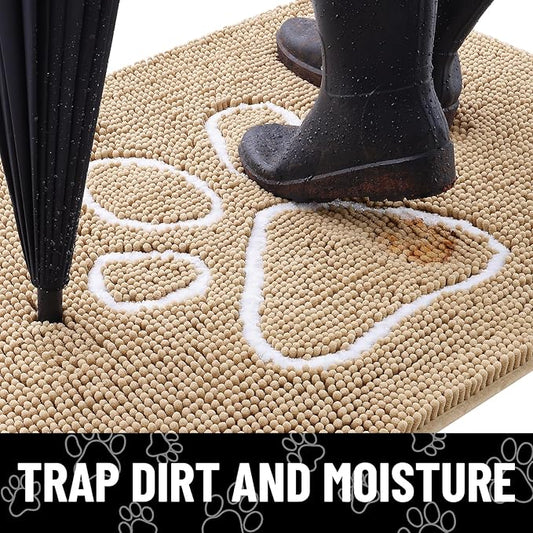 Smiry 2 Piece Dog Door Mat for Muddy Paws, Absorbent Dirt Trapper Non Slip Quick Dry Washable Chenille Mat for Mud Dogs, Entry Rug for Indoor and Outdoor (36x24 Inches, Beige)