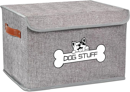 Fabric Dog Toy Box with Lid, Collapsible Storage Bin, Basket Organizer with Handle for Dog Toys, Blankets and Accessories, Grey