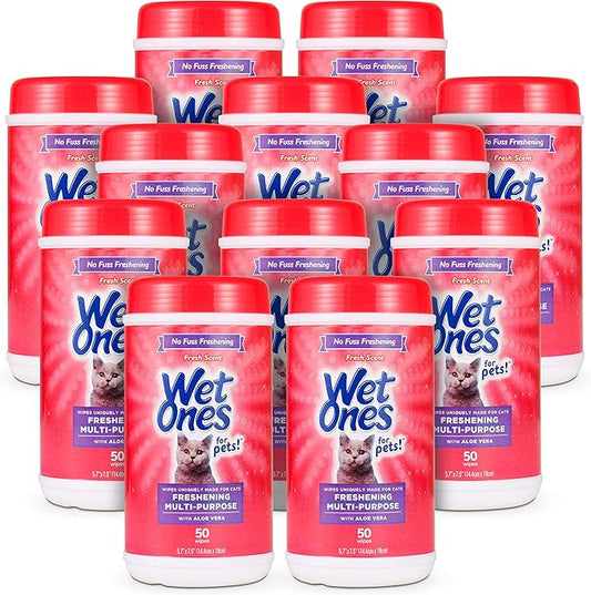 Wet Ones for Cats Freshening Wipes, Multi-Purpose Cat Grooming Wipes with Aloe Vera, Helps Remove Dirt, Odor, and Dander Between Baths, Fresh Scent, 50 Count - 12 Pack