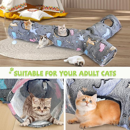 Cat Tunnels for Indoor Cats, Self-Luminous Cat Tunnel with Plush Ball, 3 Way Kitten Tunnel Collapsible, Cat Play Tunnel with Interactive Peephole for Large Cat, Puppy, Kitten