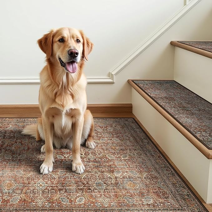 Carpet Stair Treads Non Slip 1PCS, 30" X 30"Edging Stair Runner for Wooden Steps Indoor, Resistant Stair Rugs with Reusable TPE Adhesive Backing, Residue Free Mat for Kids,Pets,Rust & Brown
