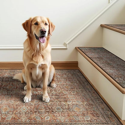 Carpet Stair Treads Non Slip 1PCS, 30" X 30"Edging Stair Runner for Wooden Steps Indoor, Resistant Stair Rugs with Reusable TPE Adhesive Backing, Residue Free Mat for Kids,Pets,Rust & Brown