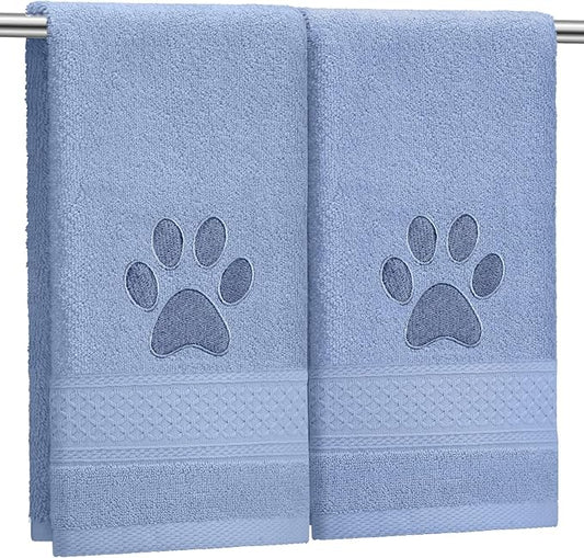 2 Pcs Dog Paw Hand Towels Blue Bathroom Decor 13 x 29 Inch 100% Cotton Embroidered Hand Towels Soft Absorbent Farmhouse for Kitchen Restroom