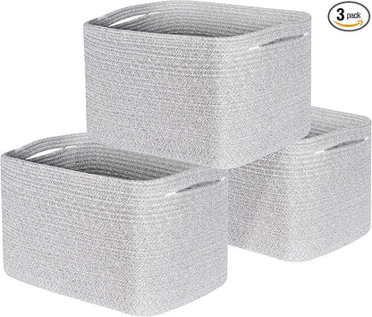 MINTWOOD Design 3-Pack Decorative Woven Storage Baskets for Shelves, Cube Bin Box for Organizing Books, Shoes, Dog Toys, Pantry Closet and Living Room Organizer, Light Gray Mix