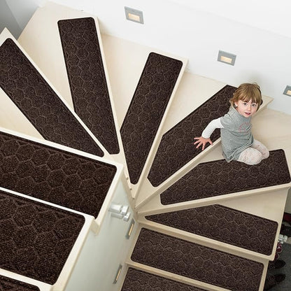 15 Pack 8 "X 30" Non-Slip Carpet Stair Treads for Indoor Wooden Steps, Made of Polyester and Reusable Adhesive, Suitable for Kids Elders and Pets（Brown Hexagon）