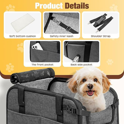 YUDODO 2-12lbs Center Console Dog Car Seat, Anti-Slip Pet Cat Booster Seat for Small Dogs, Portable Puppy Bed Carseat Carrier PU Leather Gray