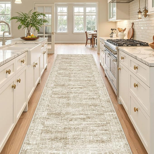 Kitchen Runner Rugs Non Skid Washable - 2.5 x 10 Runner Rug with Anti Slip Backing, Ultra-Thin Soft Rug Runner for Hallway, Bedroom, Living Room (2.5'x10', Brown/Ivory)