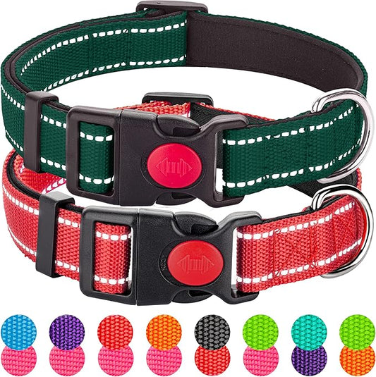 2 Pack Reflective Dog Collars for Medium Large and Small Breed Dogs Male Female,Padded Soft Durable Nylon Neoprene Collar for Puppy Dogs Girl Boy with Quick Release Safety Buckle,Red,Holly Green,XS