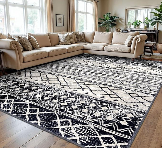KUTA Moroccan Area Rugs 9x12 Living Room Black Navy Blue, Large Washable Boho Rug Non-Slip, Ultra Soft Geometric Tribal Traditional Farmhouse Carpet for Dining Bedroom Dorm Office Home