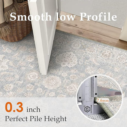 2'6x10 Blue Cream Washable Runner Rug for Kitchen Hallway Neutral Floral Soft Non Slip Rug Low Pile Distressed Carpet for Bathroom Bedroom Indoor Nursery