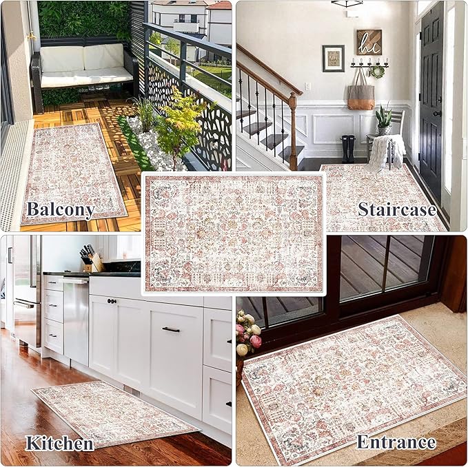 Washable Living Room Area Rug - 2x3 Small Bedroom Rugs Vintage Rustic Style Carpets with Non Slip Backing Distressed Floor Mat for Dining Room Kitchen Bathroom (2' x 3', Dusty Rose)