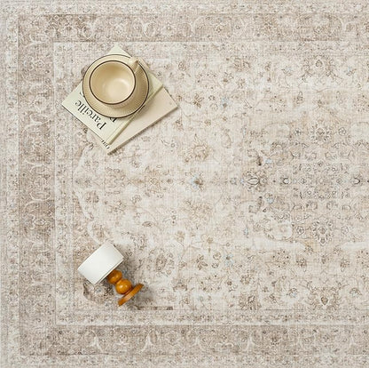 Beige 2x6 Runner Rug Washable Hallway Vintage Carpet Low Pile Non Slip Distressed Soft Traditional Retro Oriental Long Accent Throw Rug for Kitchen Bedroom Laundry Bathroom Dining Room