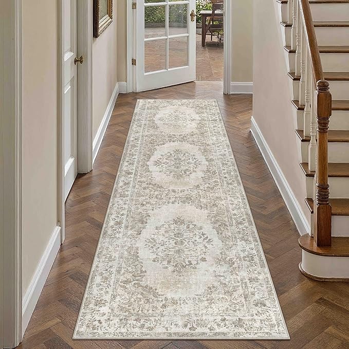 2'6"x12' Runner Rug Beige Washable Hallway Kitchen Bedroom Vintage Distressed Bathroom Non Slip Medallion Floral Carpet Indoor Retro Throw Floor Mat for Office Dining Laundry Living Room