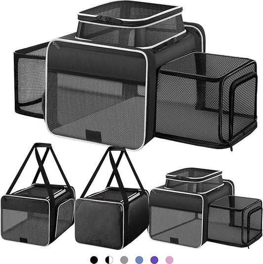 Top and 2 Sides Expandable Cat Carrier 18x11x11, TSA Airline Approved Dog Carriers for Small Dogs, Soft-Sided Pet Carrier with Self-Locking Zippers for Kitten,Rabbit, Puppy, Guinea Pig Black White