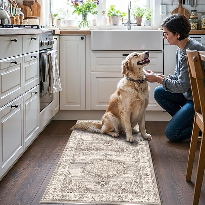 Washable 2x4 Entryway Area Rugs: Ultra Soft Low Pile Nursery Kitchen Carpet Indoor Light-Weight Doormat Anti-Slip Thin Entry Rug for Living Room Bedroom Small Vintage Floor Mat(2x4,Beige)