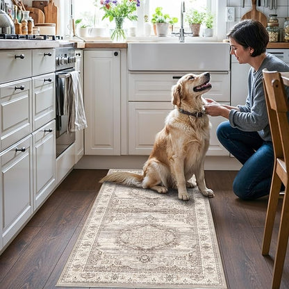 Washable 2x4 Entryway Area Rugs: Ultra Soft Low Pile Nursery Kitchen Carpet Indoor Light-Weight Doormat Anti-Slip Thin Entry Rug for Living Room Bedroom Small Vintage Floor Mat(2x4,Beige)