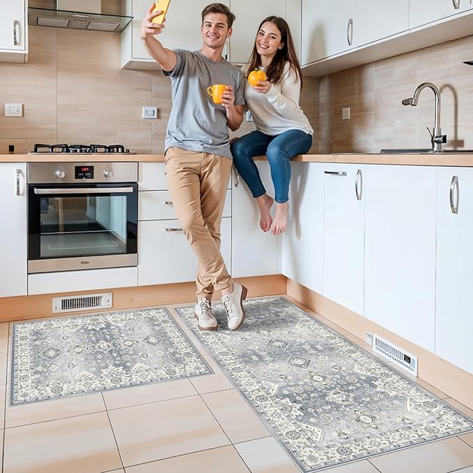 2-Piece Kitchen Runner Rug Set: Washable Non-Slip Hardwood Stove Dishwasher Floor Mat Soft Stain Resistant Carpet for Sink Cooking Area & Fridge Boho Home Decor for High Traffic Area(2x3+2x4,Grey)