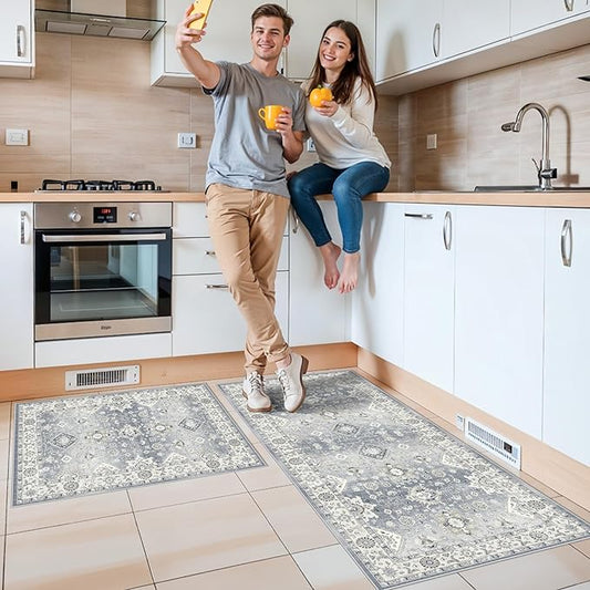 2-Piece Kitchen Runner Rug Set: Washable Non-Slip Hardwood Stove Dishwasher Floor Mat Soft Stain Resistant Carpet for Sink Cooking Area & Fridge Boho Home Decor for High Traffic Area(2x3+2x4,Grey)